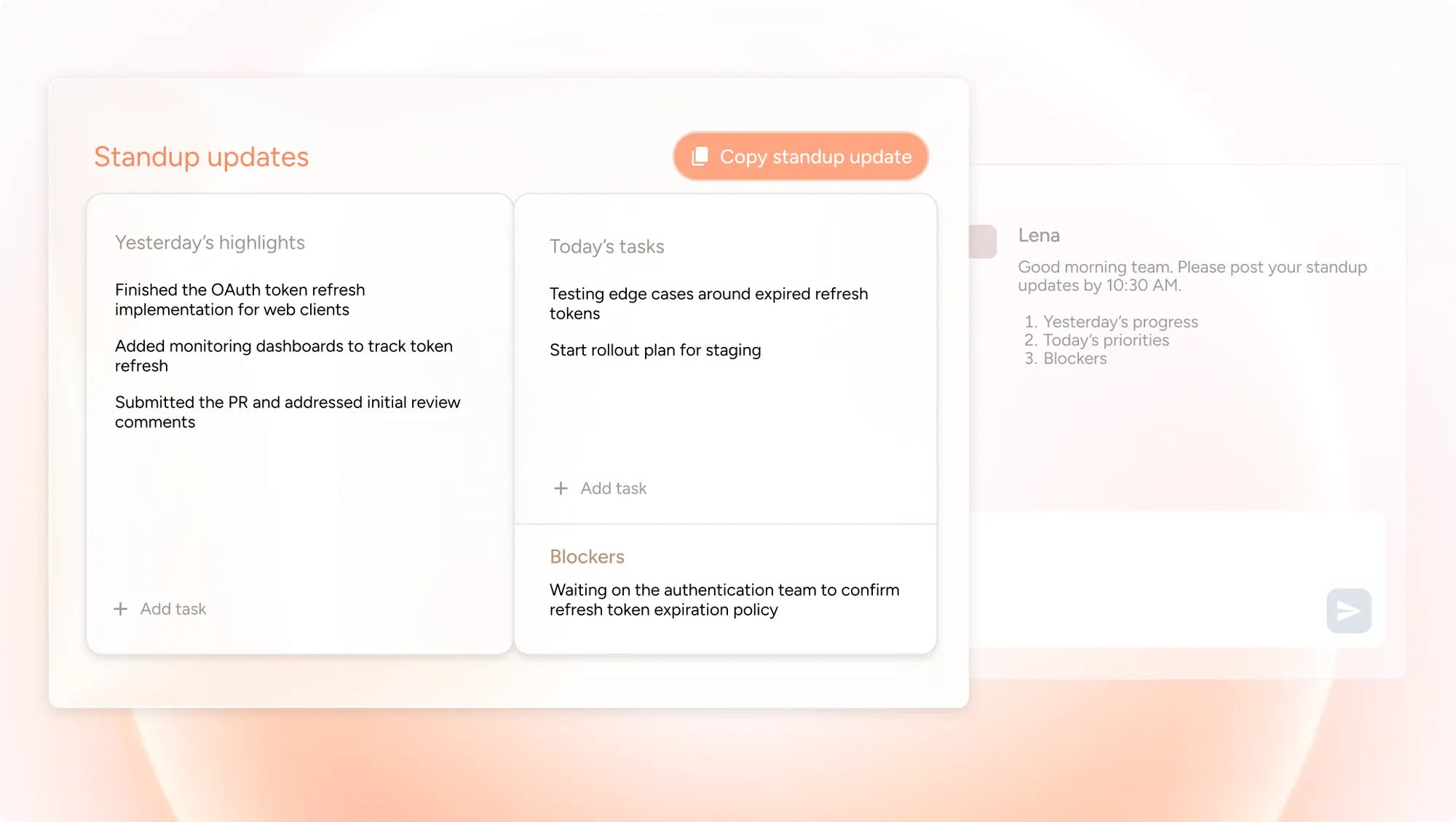 Standup updates board with yesterday's highlights, today's tasks, blockers, and a team chat